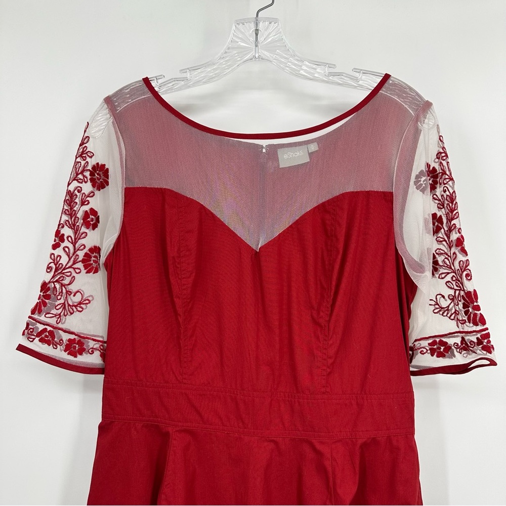 Eshakti Dress Netting Bodice Embroidered Sleeve A-line Red Size 10 - Picture 2 of 7